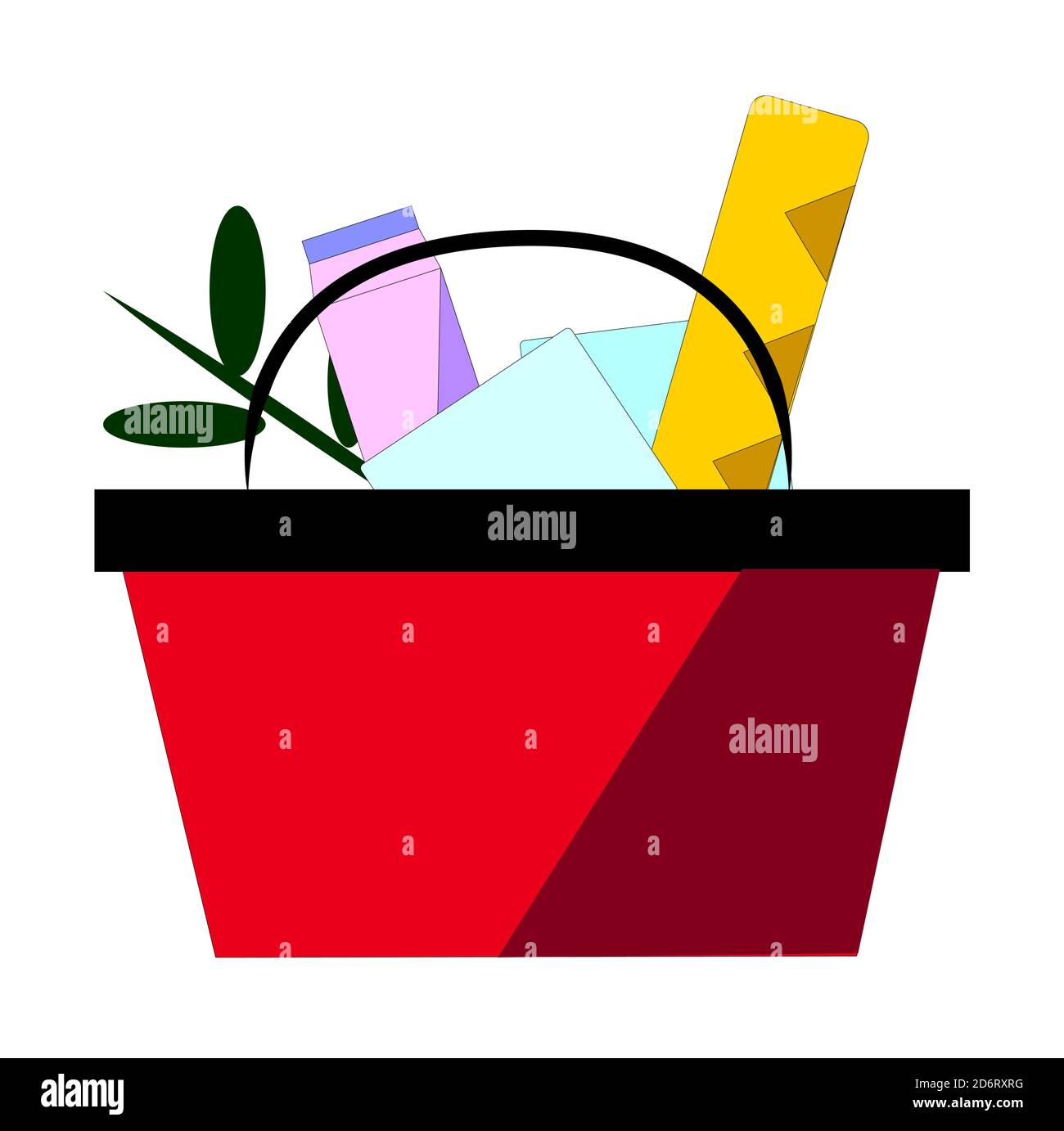 Red plastic shopping basket full of groceries products. Grocery store. vector illustration in flat style Stock Vector