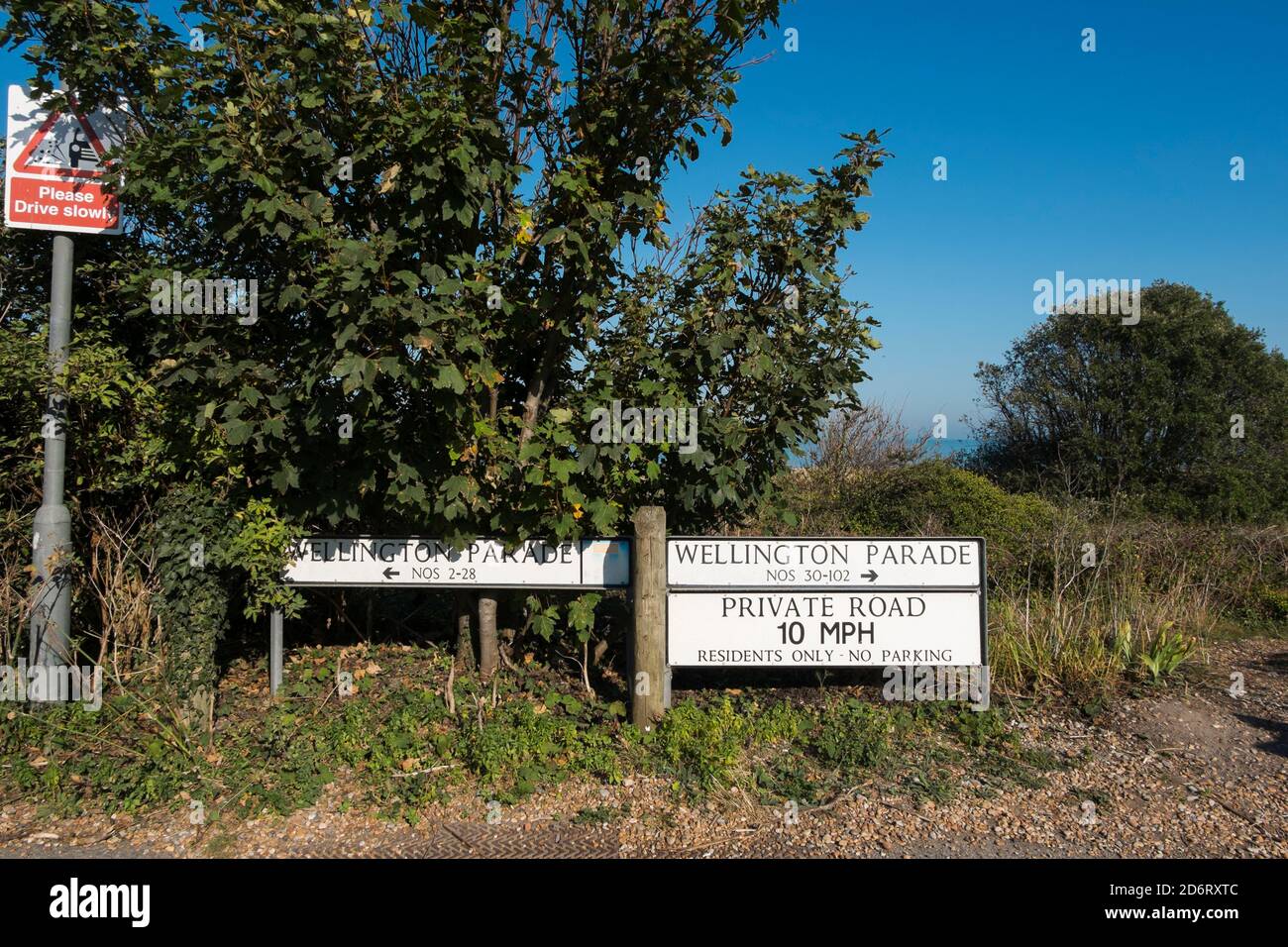 Road signs for Wellington Parade, a private road in Kingsdown, Deal