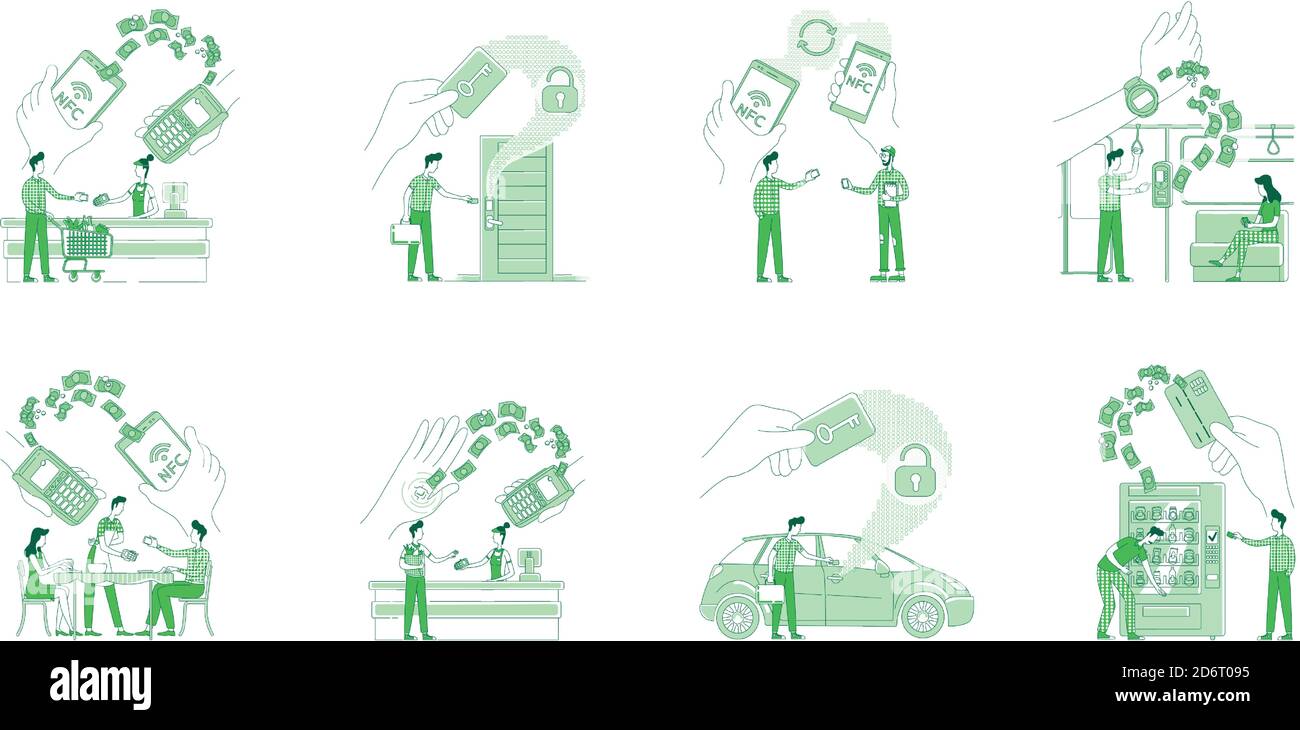 NFC benefits flat silhouette thin line concept vector illustrations set Stock Vector