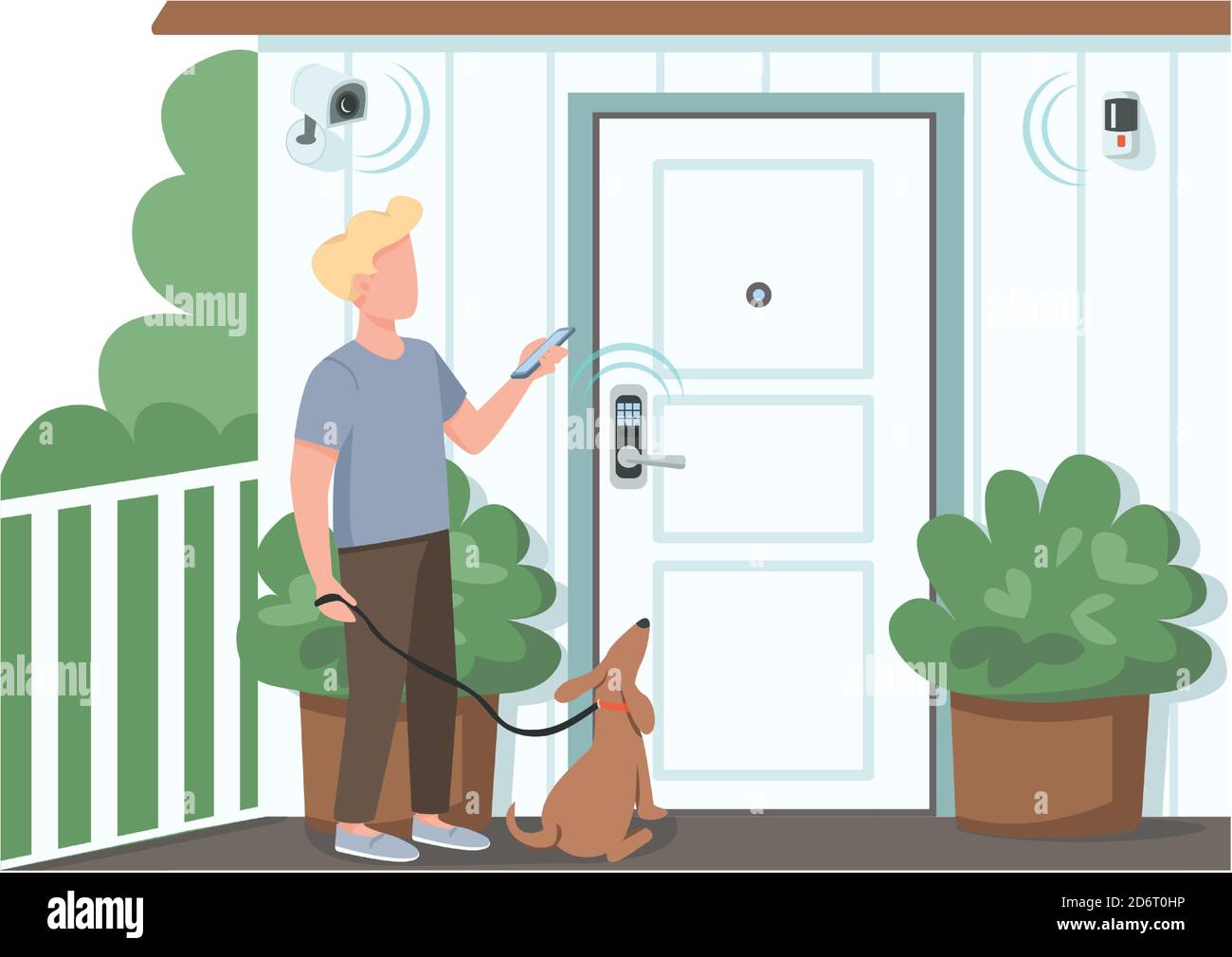Guy using smart home security flat color vector faceless character Stock Vector