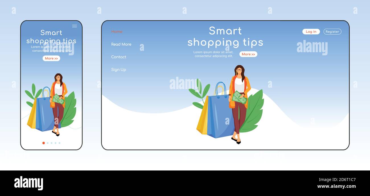 Smart shopping tips adaptive landing page flat color vector template Stock Vector