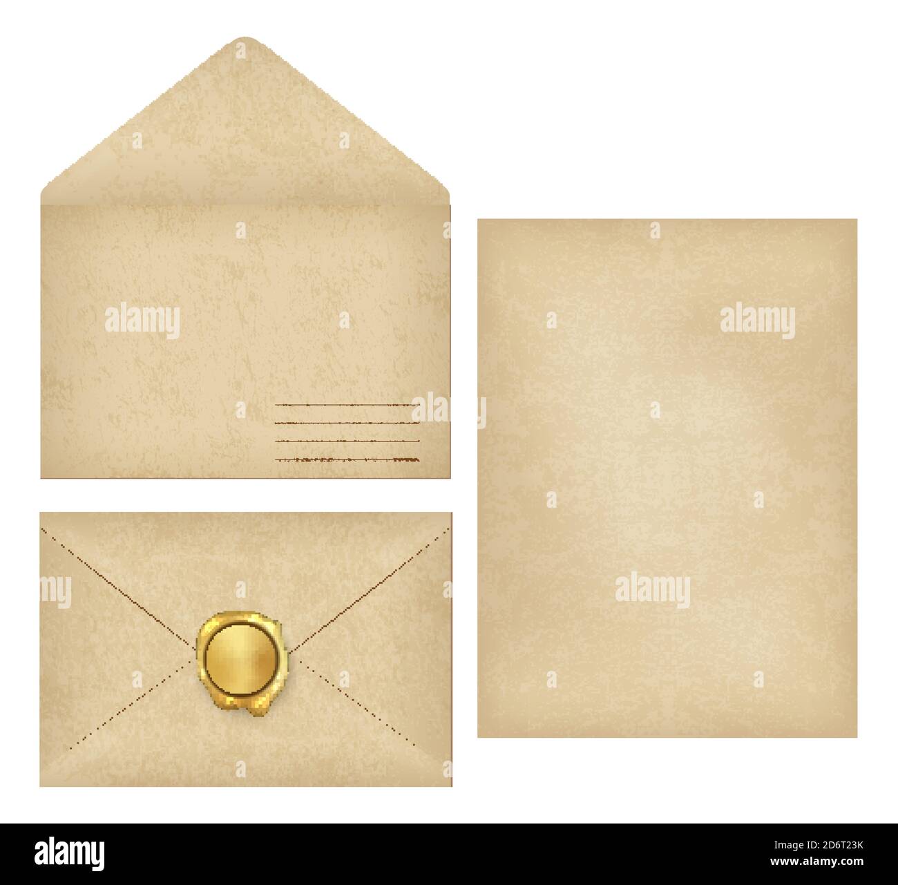 Vintage envelope with place for address, empty old grunge paper writing letter, golden wax seal postmark for sealed greeting, invitation postcard on Stock Vector