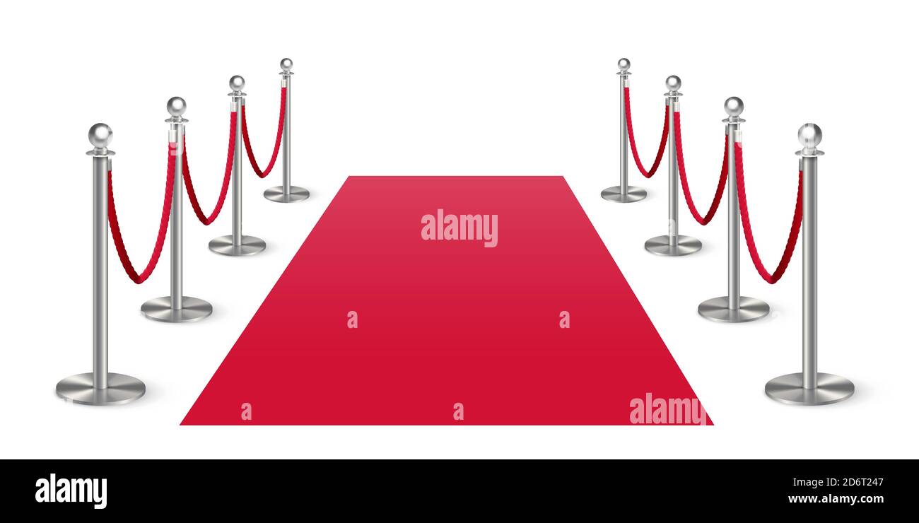Red carpet with metal column guard on white space Stock Vector
