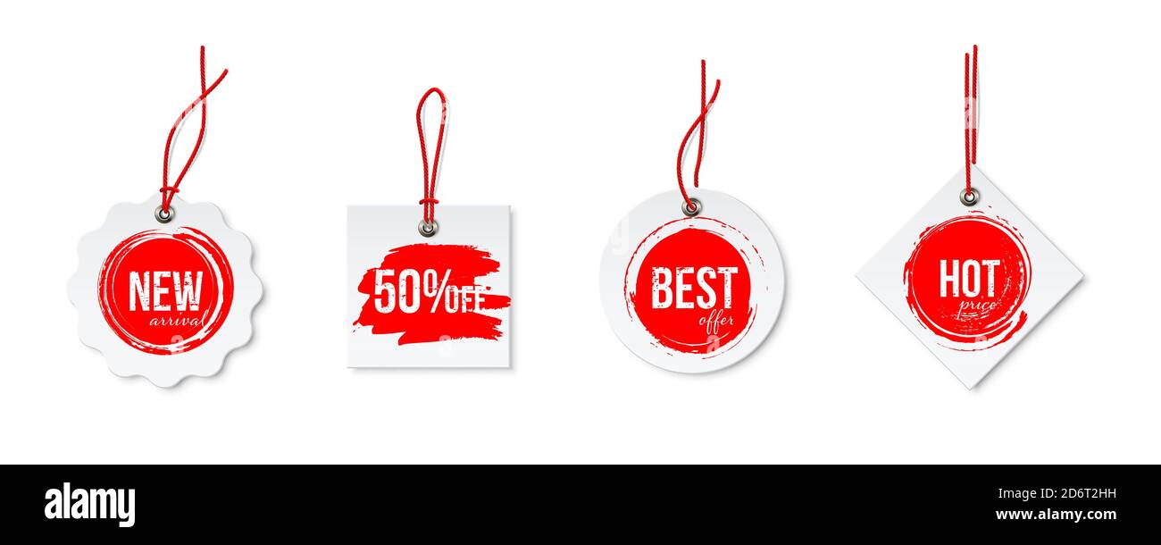 Clearance Sale different tags with strings set isolated on white  background. Red discount voblers bundle. Best offer and hot price, 50  percent sell Stock Vector Image & Art - Alamy