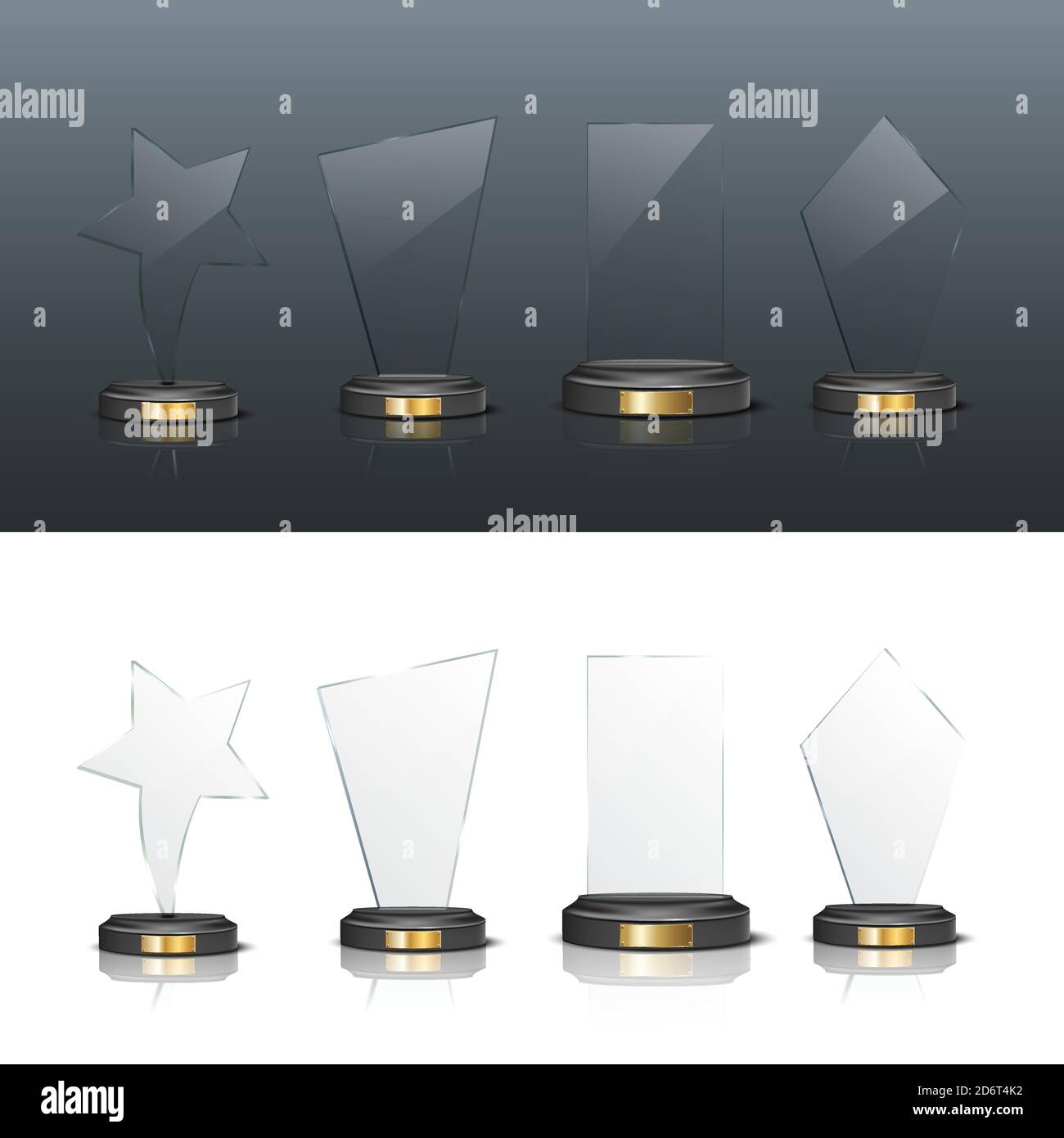 Award trophy set. Star and rectangle shaped glass prize statues on white and black background