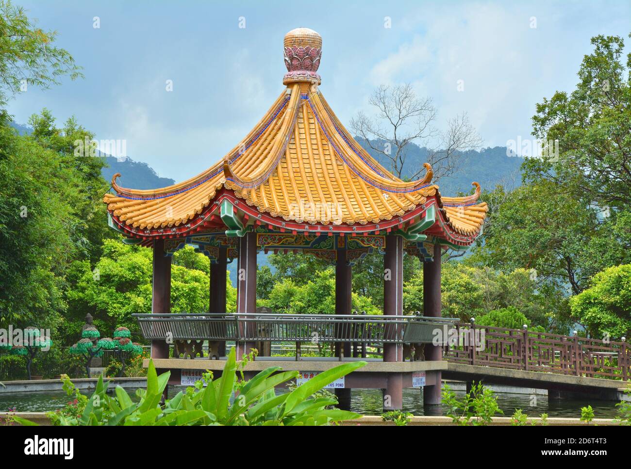 Pavilion over pond in Kek Lok Si temple garden on Penang island