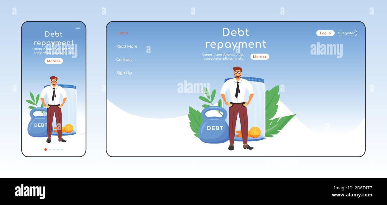 Debt repayment adaptive landing page flat color vector template Stock Vector