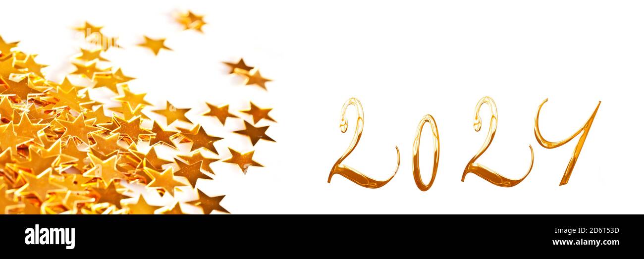Golden numbers 2021 with little stars on white panoramic background, new year greetings web banner Stock Photo