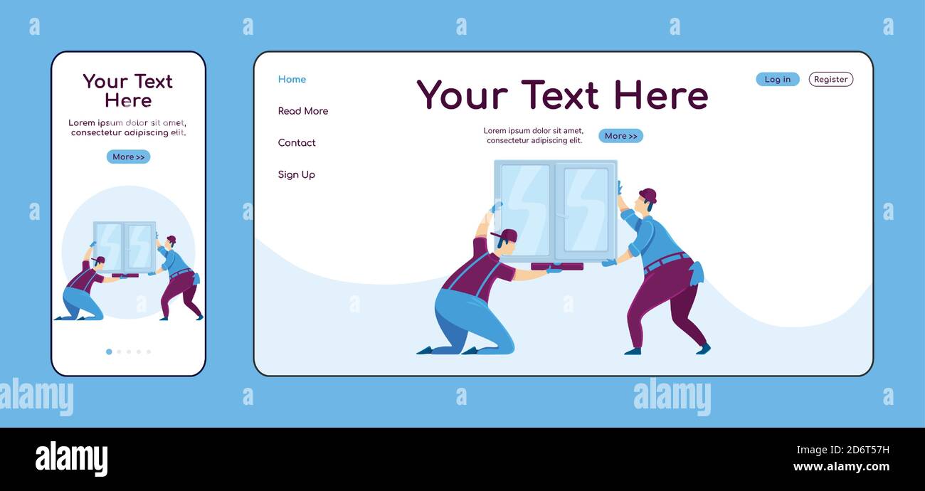 Window installation adaptive landing page flat color vector template Stock Vector