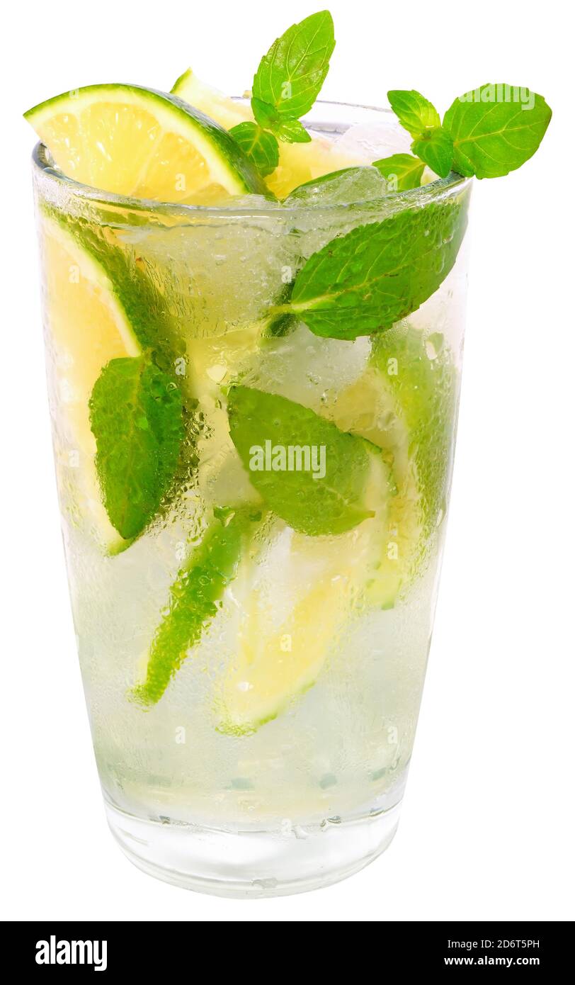 mojito cocktail with lime and leaf mint isolated on white background. Stock Photo