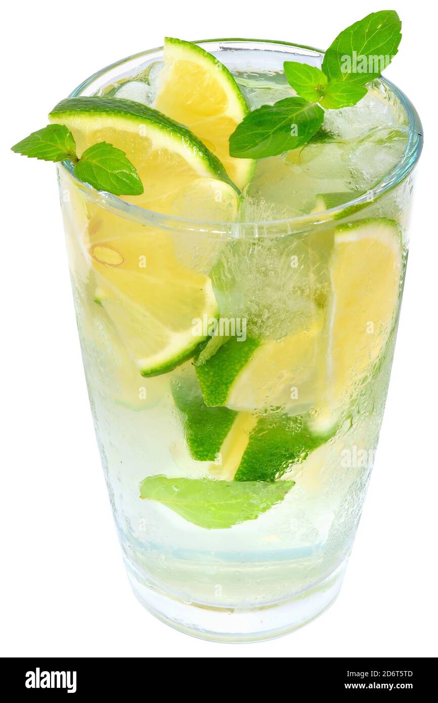 mojito cocktail with lime and leaf mint isolated on white background. Stock Photo