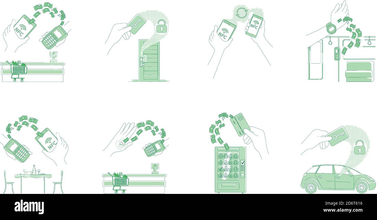 Electronic payments and keycards thin line concept vector illustrations set Stock Vector