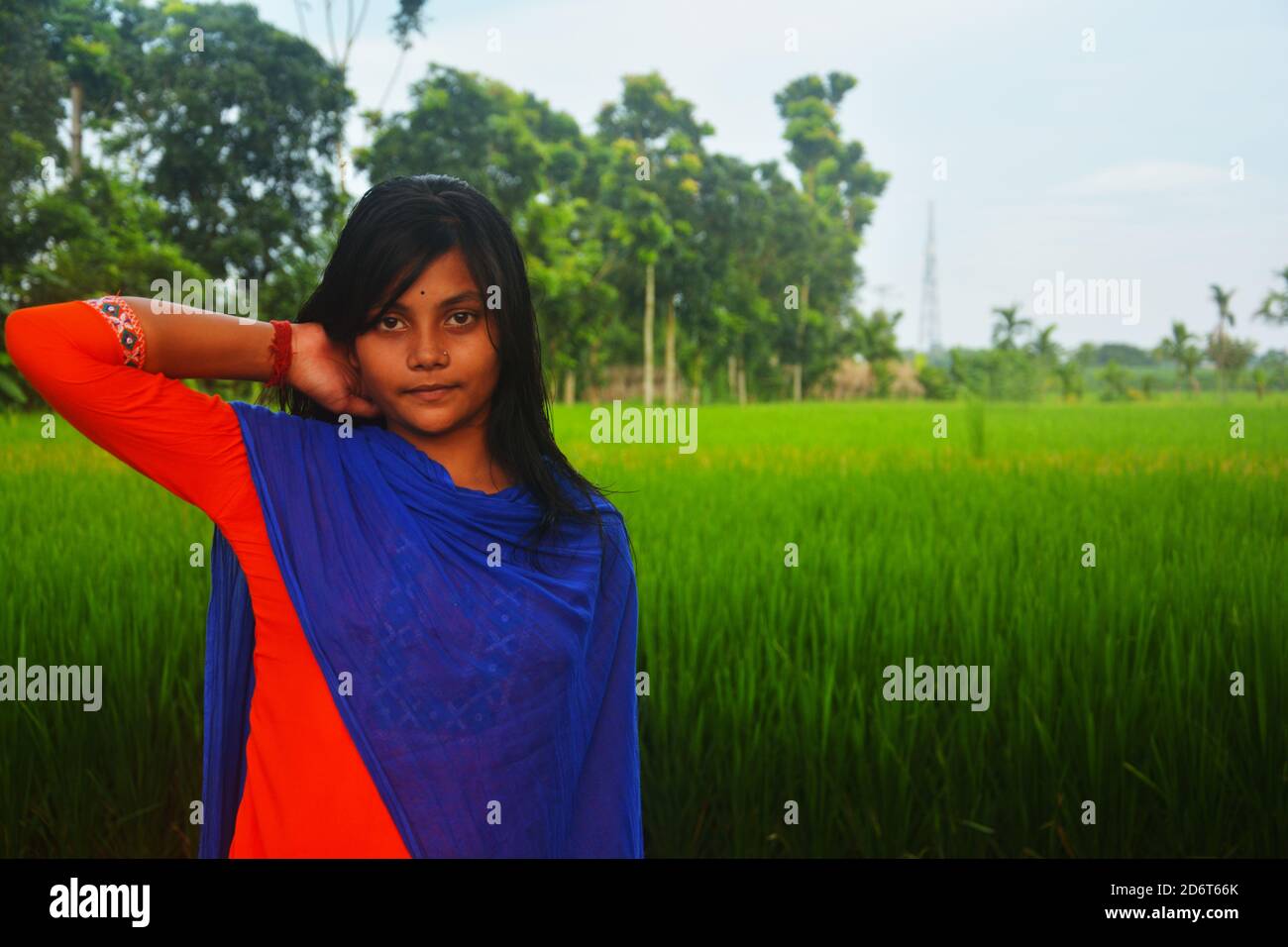 Close up of a teenage girl wearing salwar kameez and blue dhupatta right hand on his neck, standing on a rice field, selective focusing Stock Photo