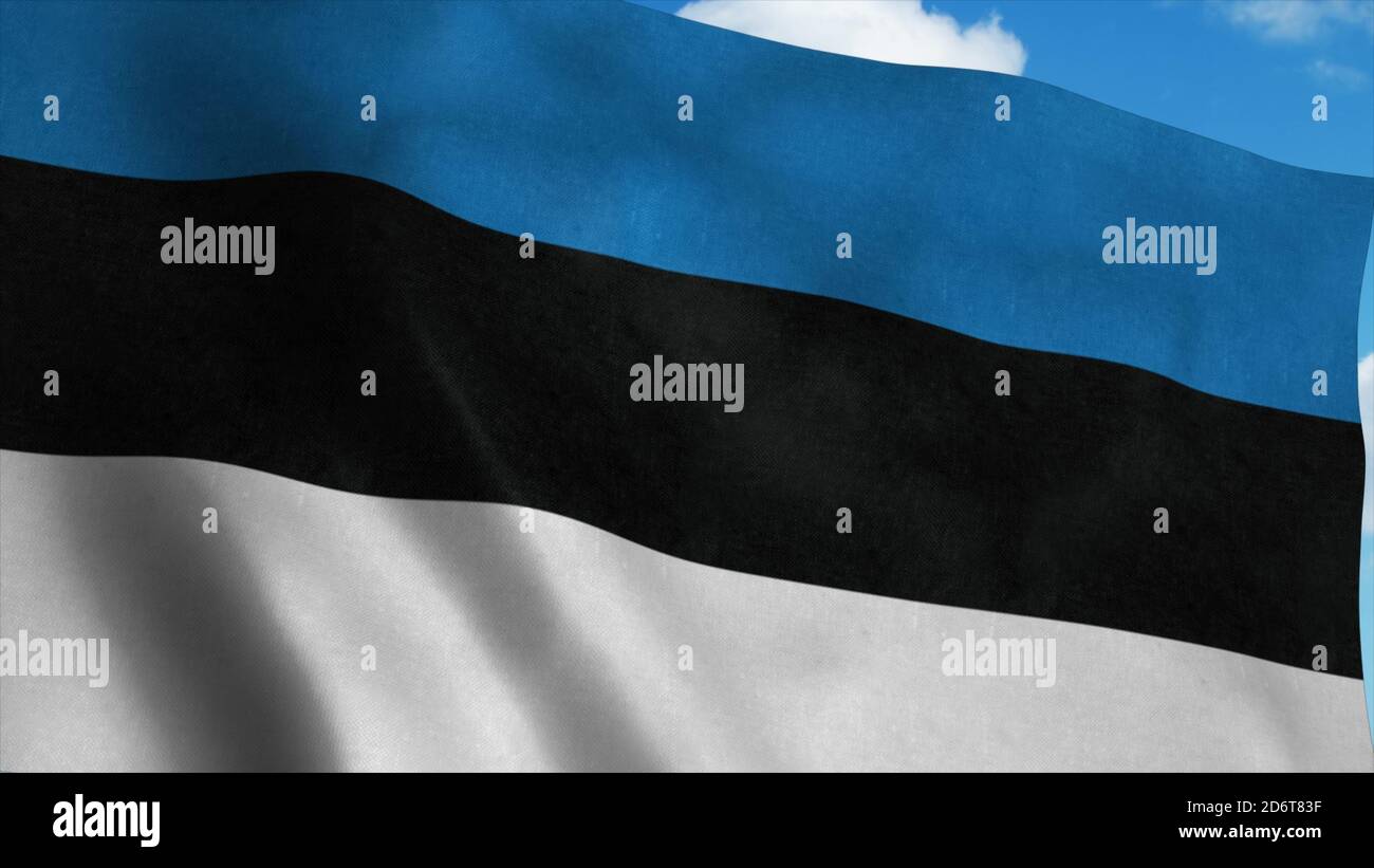 Estonia flag waving in the wind, blue sky background. 3d rendering ...