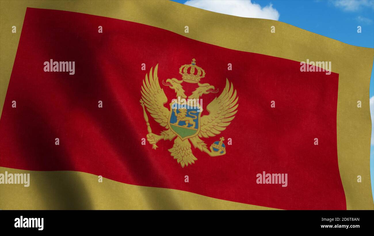 Montenegro flag waving in the wind, blue sky background. 3d rendering ...