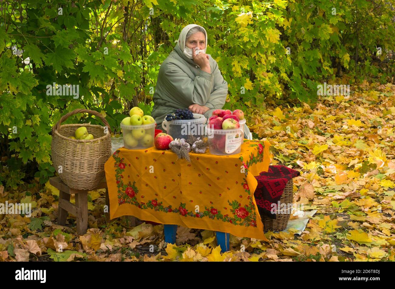 KONSTANTINOVO, RYAZANSKAYA OBLAST', RUSSIA - OCTOBER 03, 2020: Russian babushka wearing a mask sells apples, grapes and garlic from her garden. Stock Photo