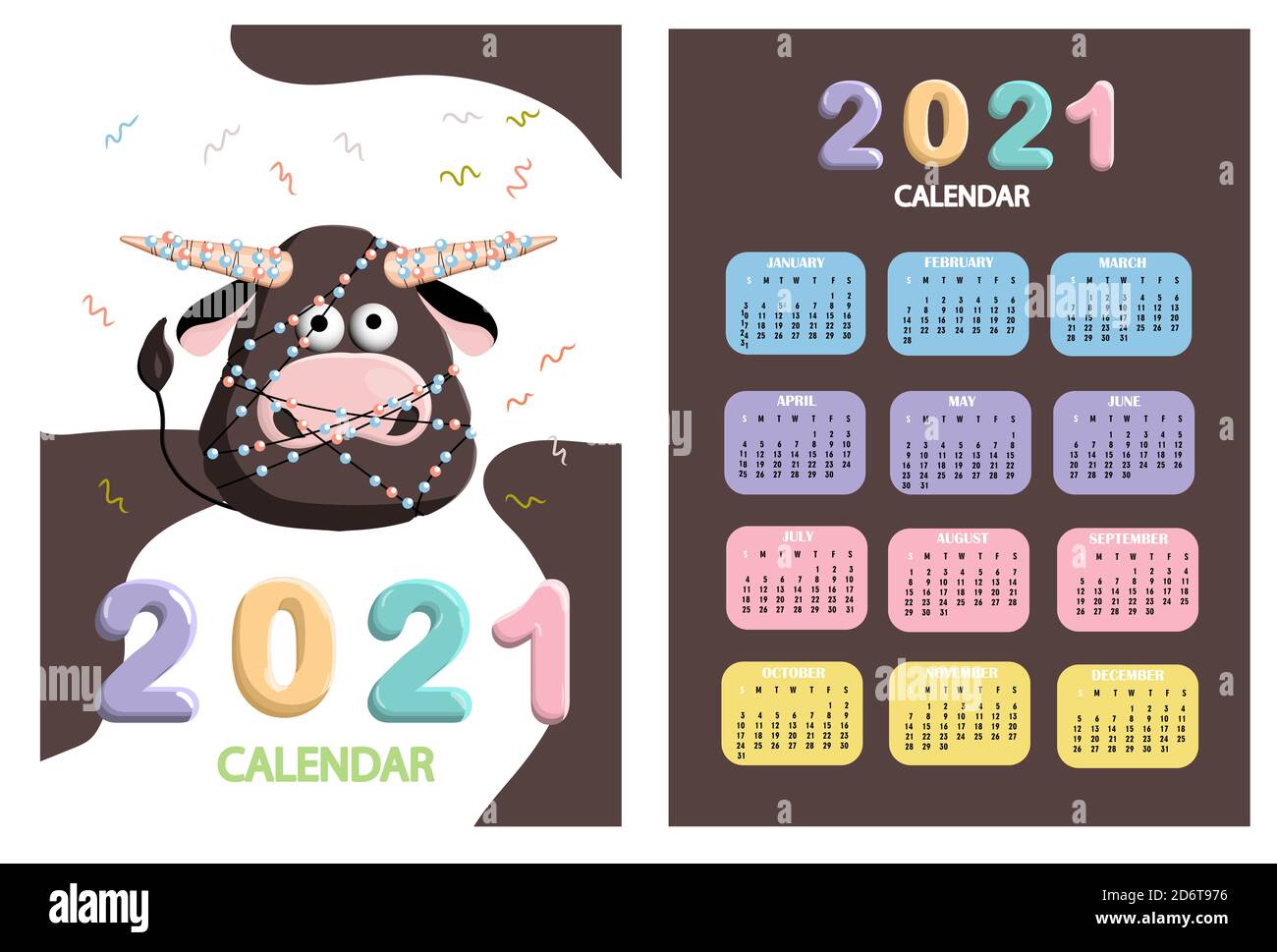 bull, white bull calendar or A4 planner for 2021 with cartoon kawaii