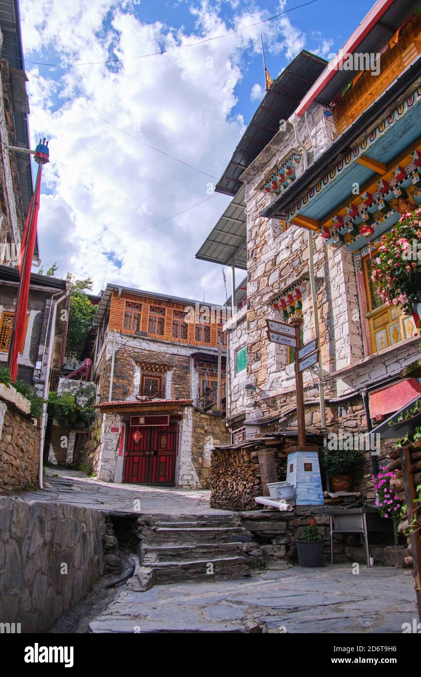 From below of stone and wooden building of local street in ancient Sichuan province Stock Photo