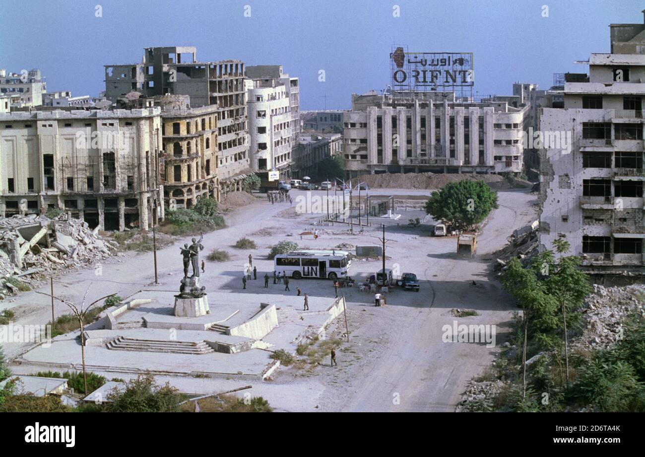 18th September 1993 A war-ravaged Martyrs’ Square in Beirut, which formed the demarcation line between the warring factions. Stock Photo