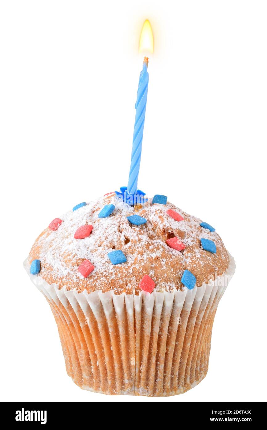 Festive cupcake with a burning candle for a baby's birthday Stock Photo