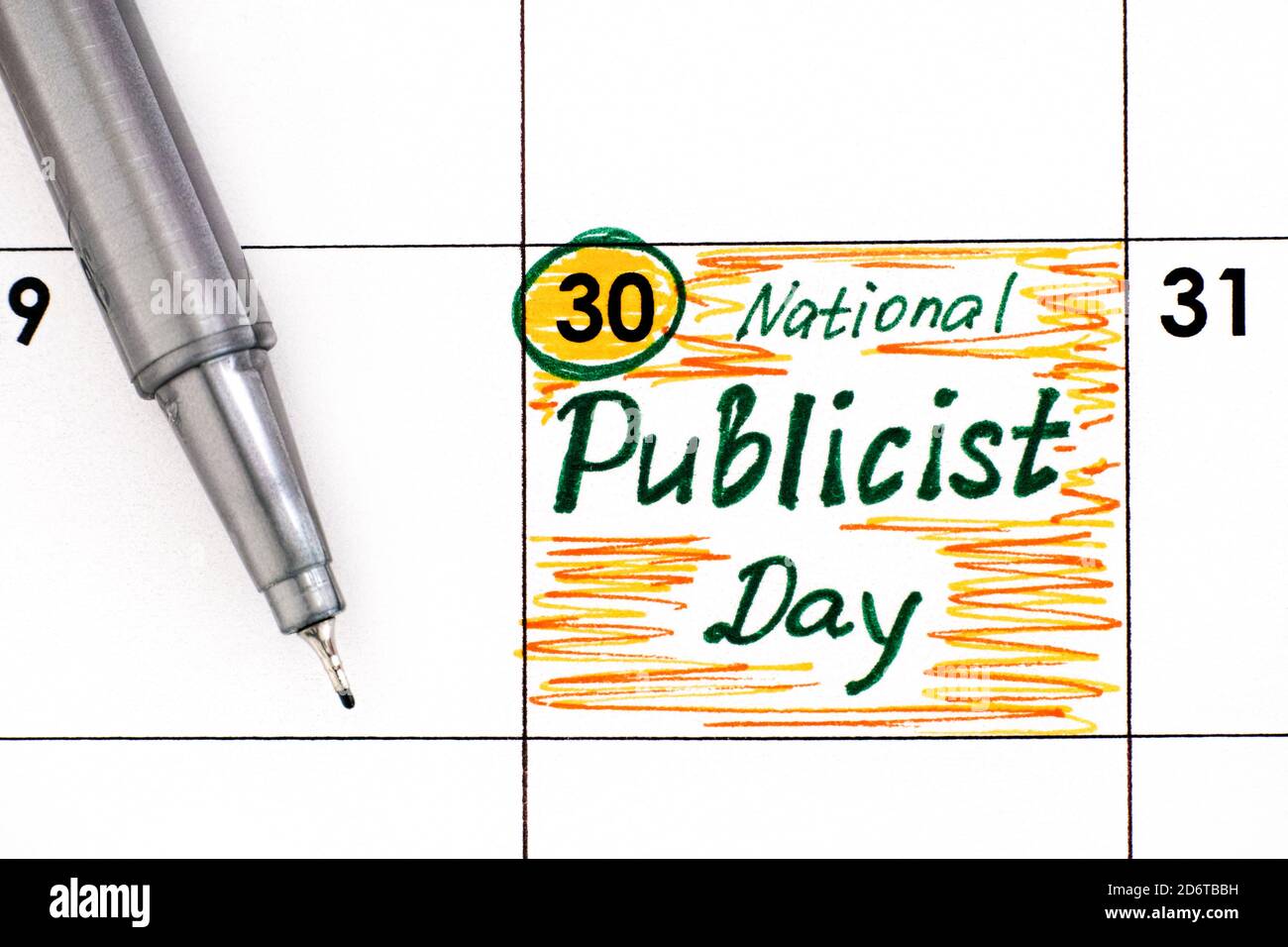 Reminder National Publicist Day in calendar with pen. October 30 Stock