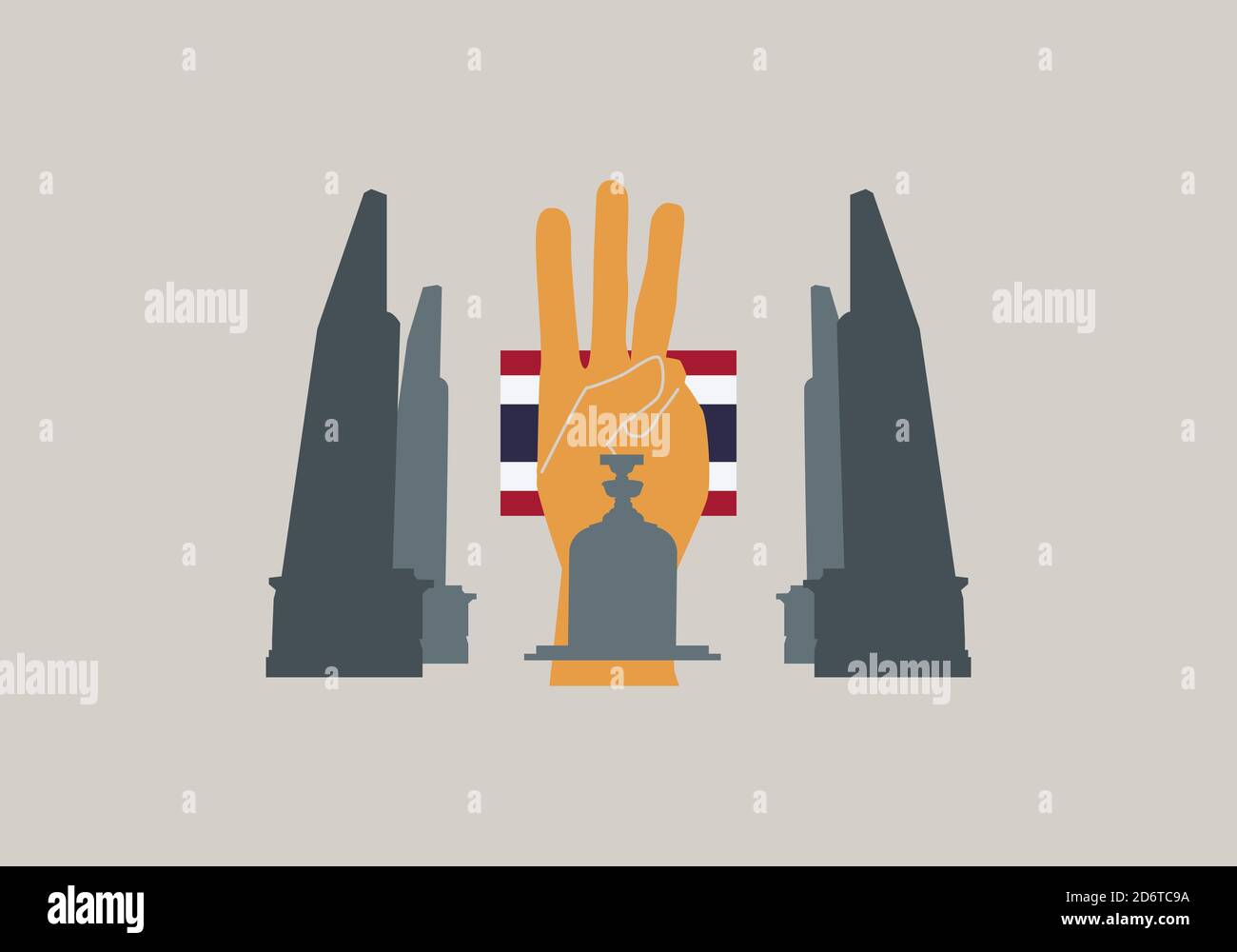 Vector illustration of three fingers, democratic monument and Thai flag. Thailand protest for democratic and monarchy reform. Stock Vector