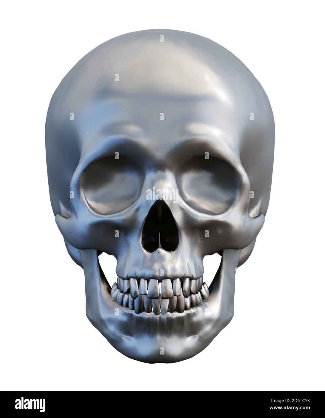 human metal skull isolated on white, front view, 3d render Stock Photo