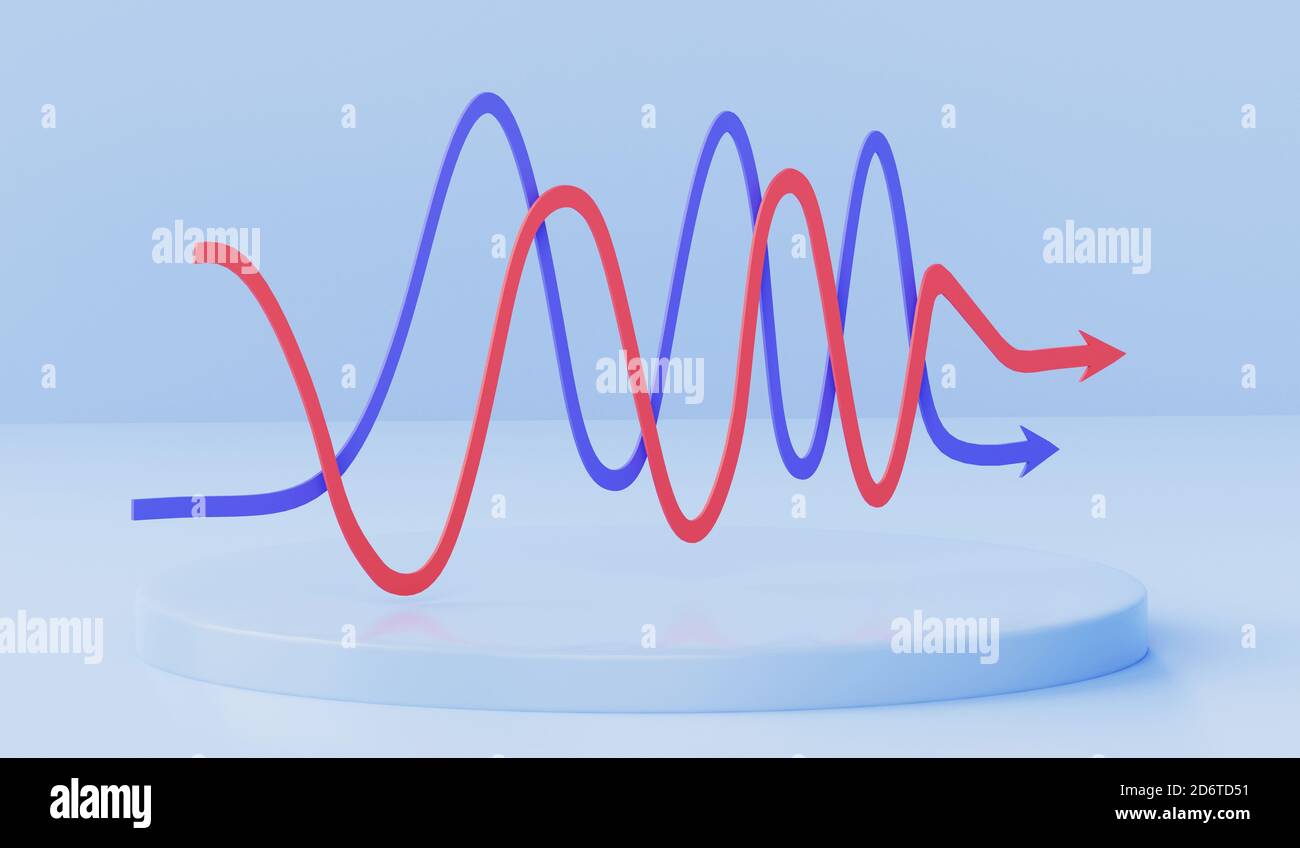 Two curved red and blue statistical arrows on podium, 3D render Stock Photo