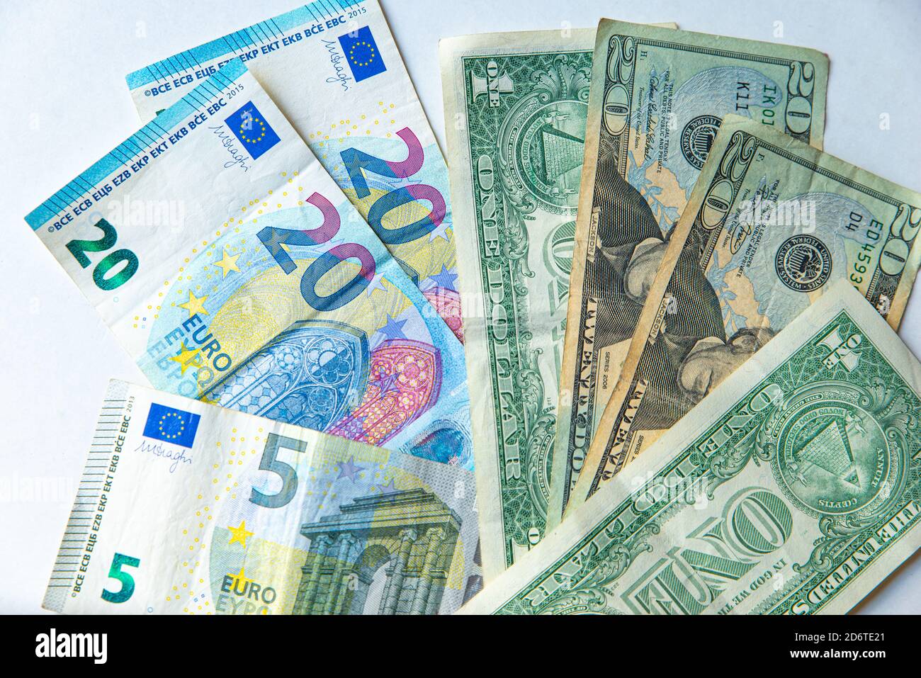 Euro banknotes and dollar banknotes next to them. Quotation and