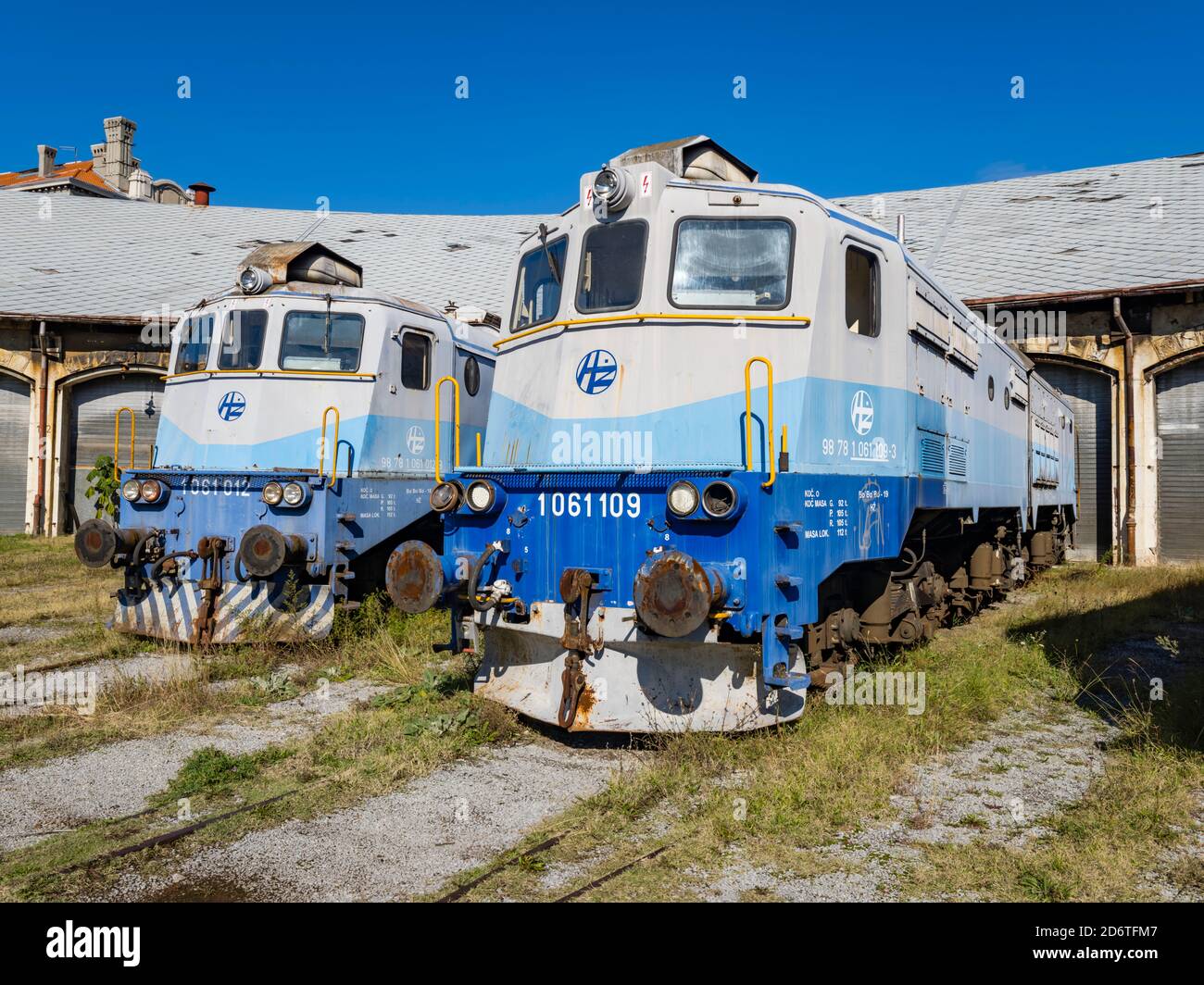 Locomotives HZ series 1061 012 and 109 (ex series 362) built by Ansaldo-Breda now standing derelict in Rijeka in Croatia Europe Stock Photo