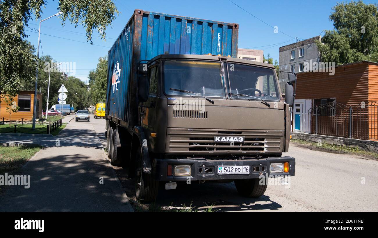 Kazakhstan, Ust-Kamenogorsk - 1 August, 2020. Truck Kamaz in the parking. Stock Photo