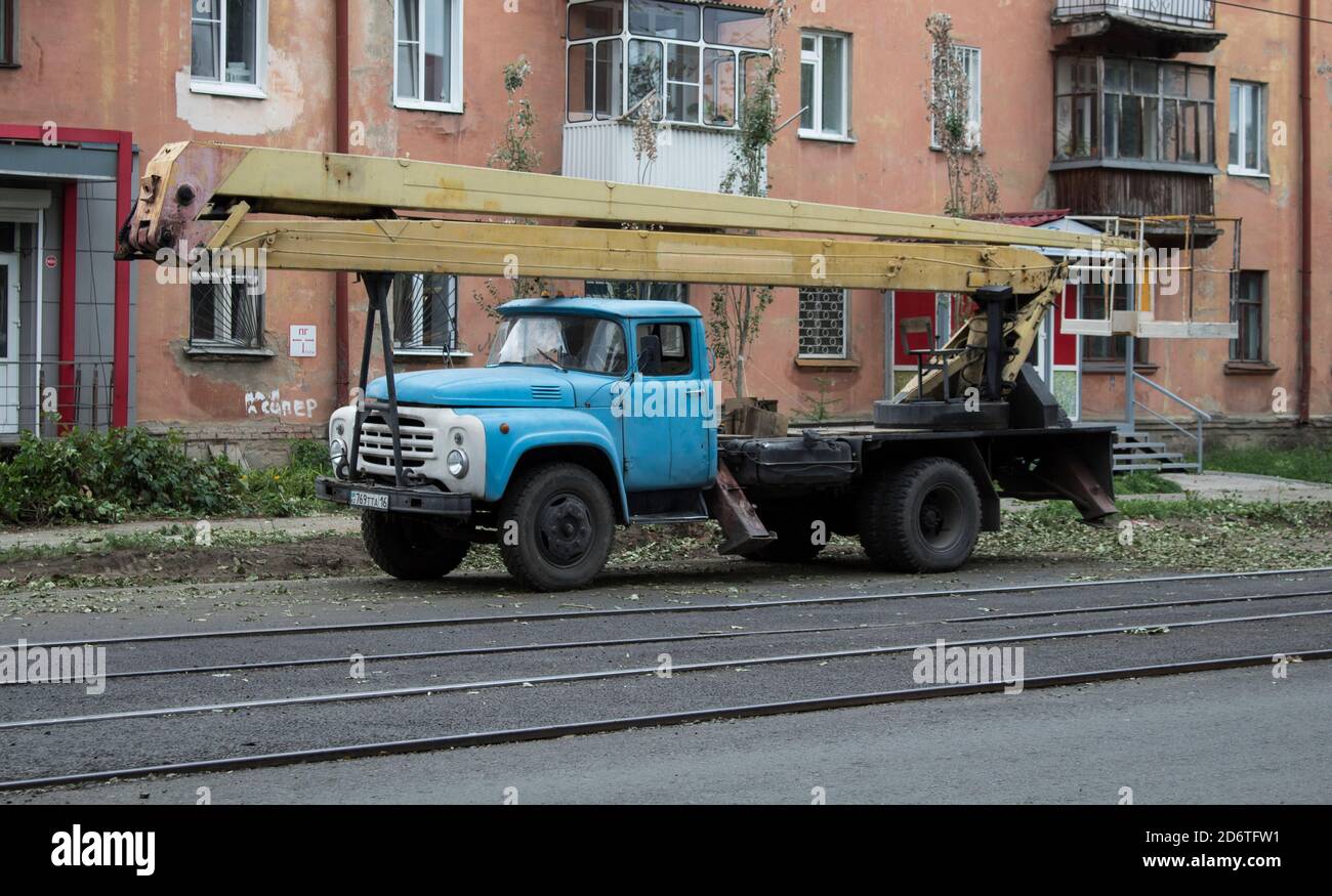 Kazakhstan, Ust-Kamenogorsk - 10 August, 2020.  ZIL 130. Bucket truck on the road. Stock Photo