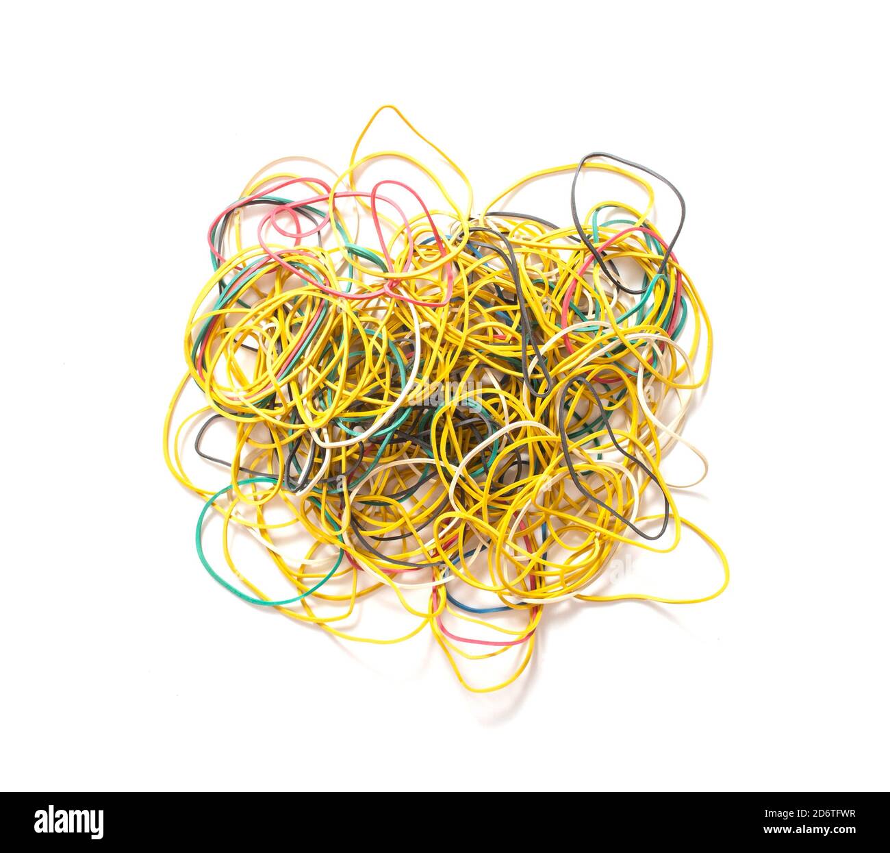 Many multi-colored rubber bands for money on a white background, isolate. Stationery concept, colorful Stock Photo