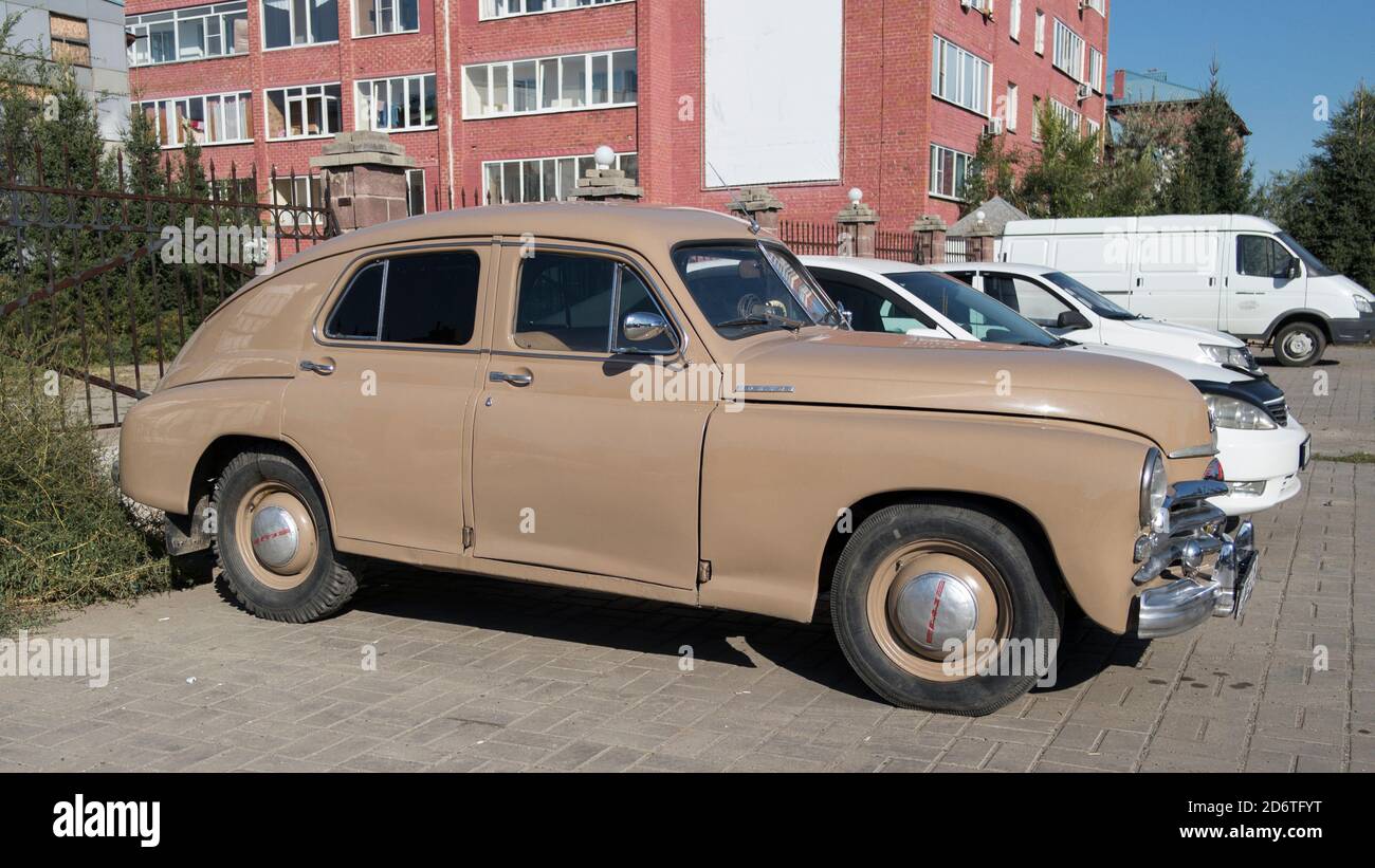 Kazakhstan, Ust-Kamenogorsk - 31 August, 2020. Old soviet car Gaz-M20 Pobeda. Vintage car. Stock Photo