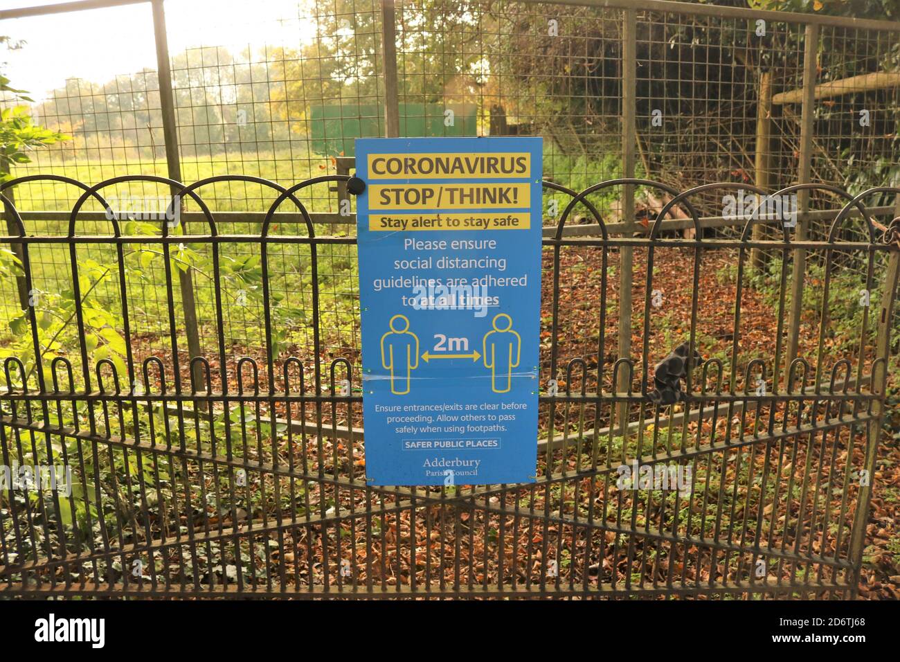 Coronavirus Stop / Think! Stay alert to stay safe - sign at entrance to public outside area. Stock Photo