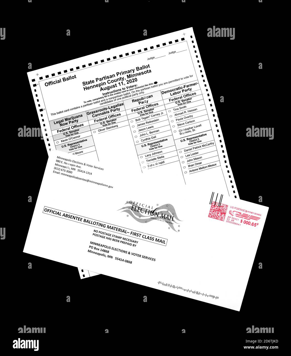 2020 Minnesota state primary ballot for Hennepin County and a USPS outside mailing envelope with a metered postage stamp Stock Photo