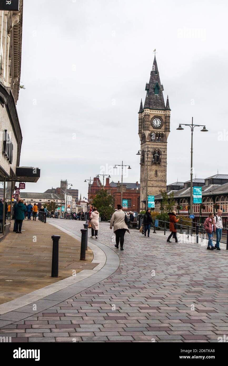 A view of the town clock and indoor market in Darlington in the north east of England Stock Photo
