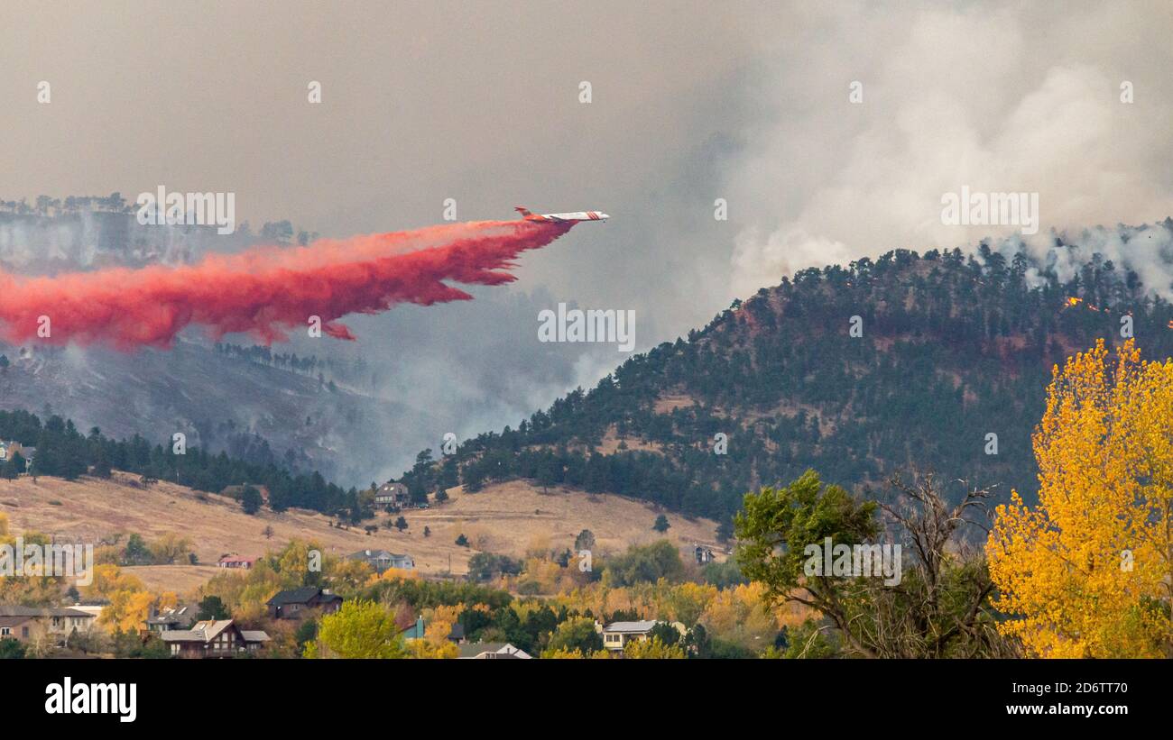Air tankers drop retardant on the CalWood Fire near Boulder, Colorado Stock Photo