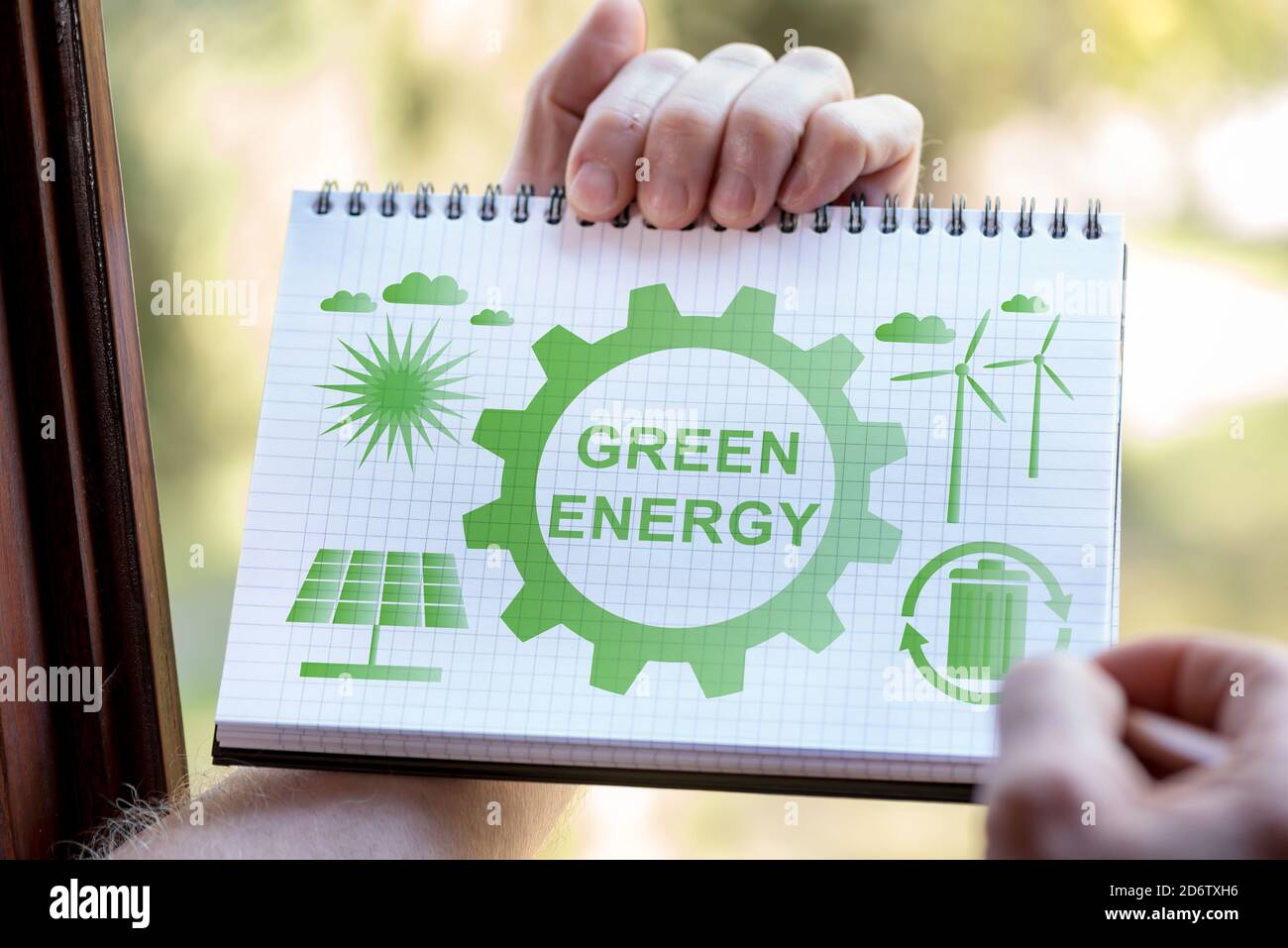 Hand drawing green energy concept on a notepad Stock Photo - Alamy