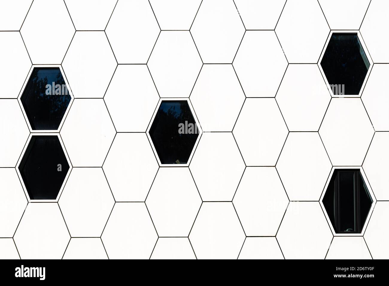 Hexagonal modern architecture background, cell, cells, honeycomb black and white, hexagon shape wall and windows, abstract composition, net Stock Photo