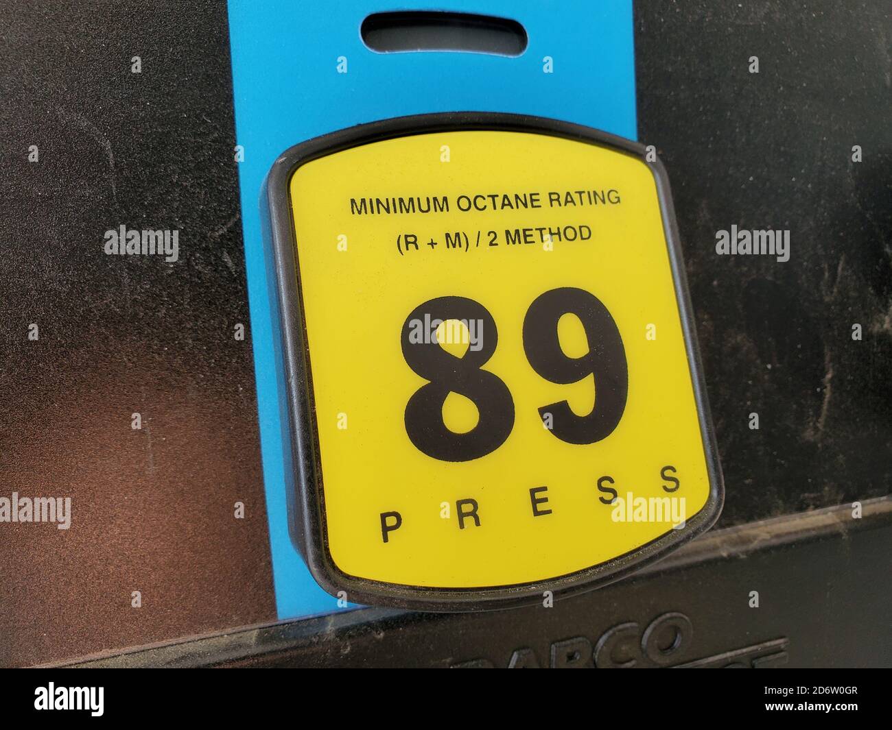 Close-up of octane rating of 89 octane for Plus gasoline on a fuel pump in a gas station setting, San Ramon, California, August 28, 2020. () Stock Photo