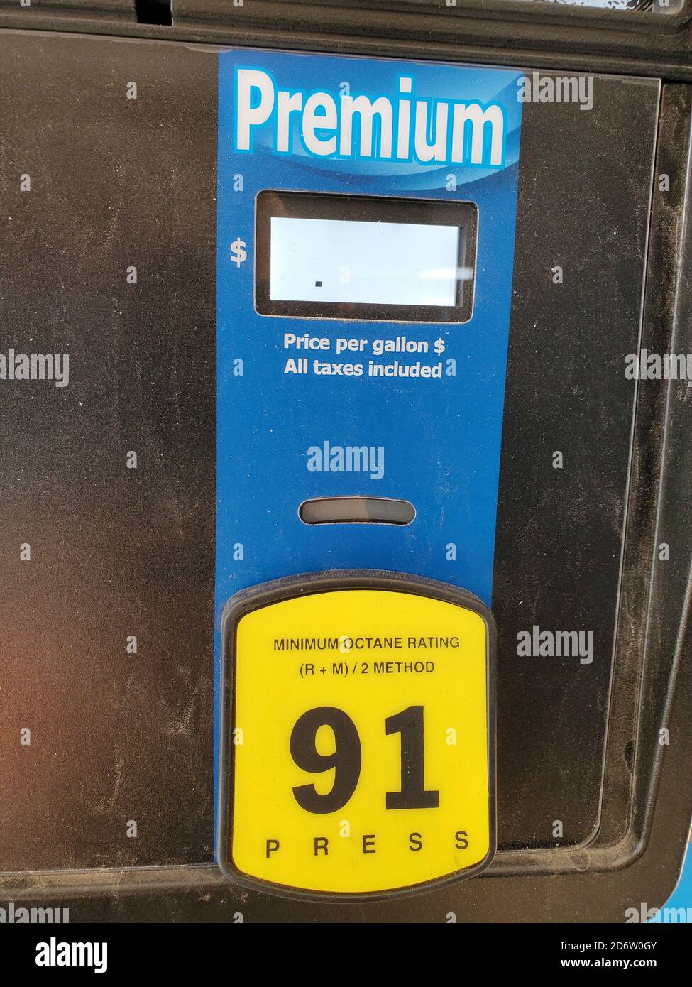 Close-up of octane rating of 91 octane for Premium gasoline on a fuel pump in a gas station setting, San Ramon, California, August 28, 2020. () Stock Photo