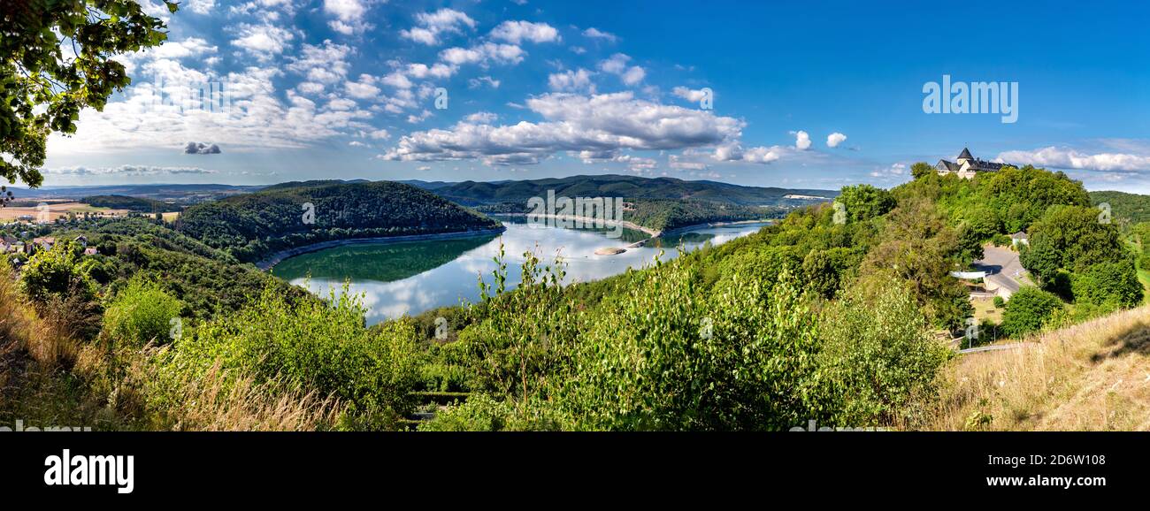 View on Waldeck Castle and Edersee in northern Hesse, Germany. Stock Photo