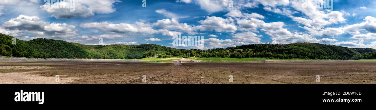Panoramic view of the Edersee in northern Hesse, Germany, at very low water level due to a series of dry summers in Germany. Stock Photo