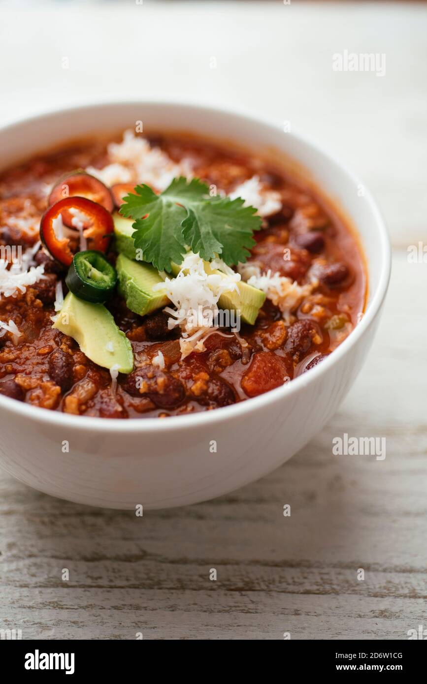 Bowl with a vegan chili with TVP granules Stock Photo