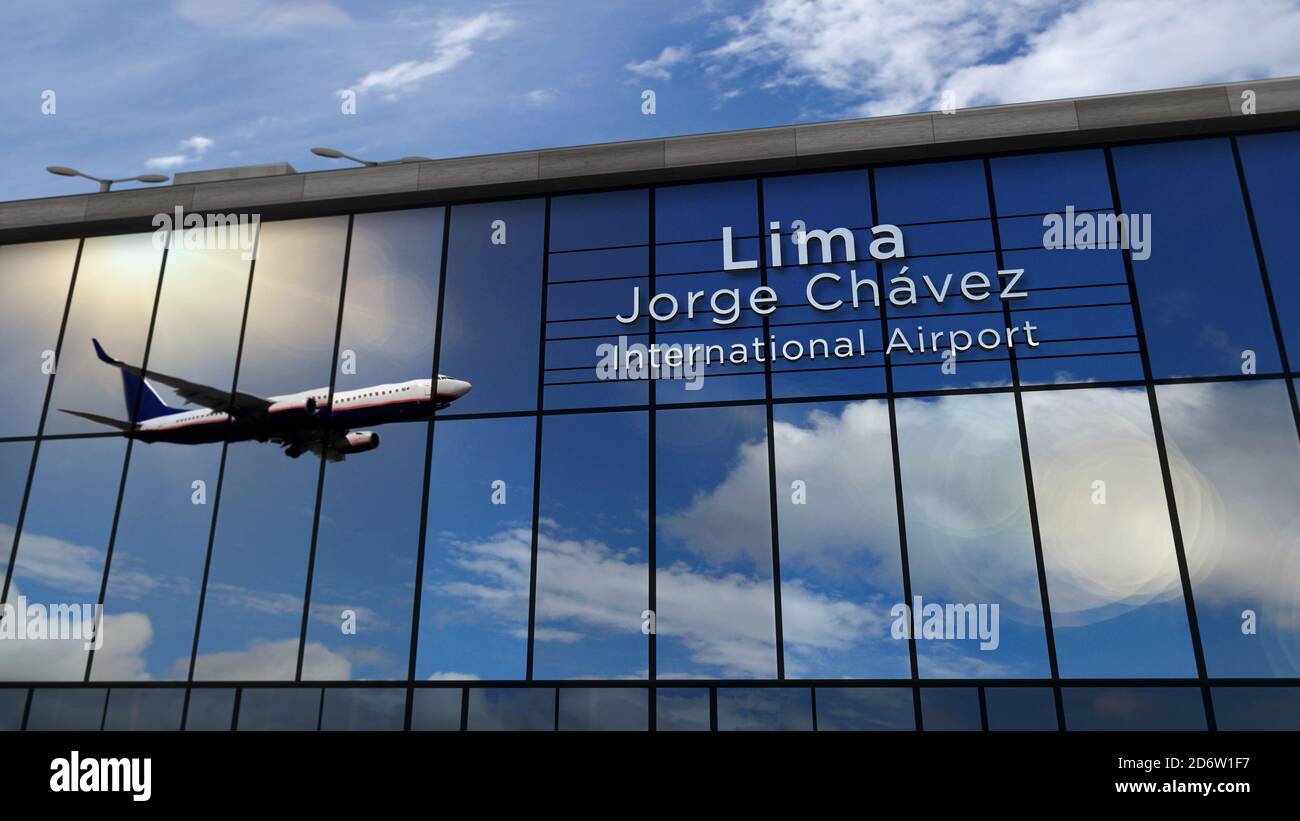 Jet aircraft landing at Lima, Peru 3D rendering illustration. Arrival