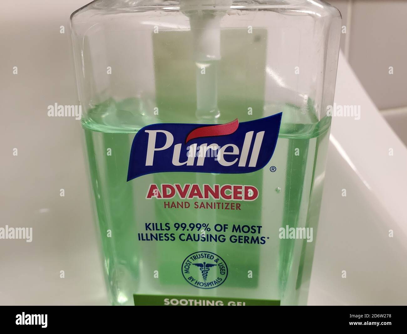 Close-up of green colored Purell brand hand sanitizer on white bathroom  surface, Lafayette, California, September 24, 2020 Stock Photo - Alamy