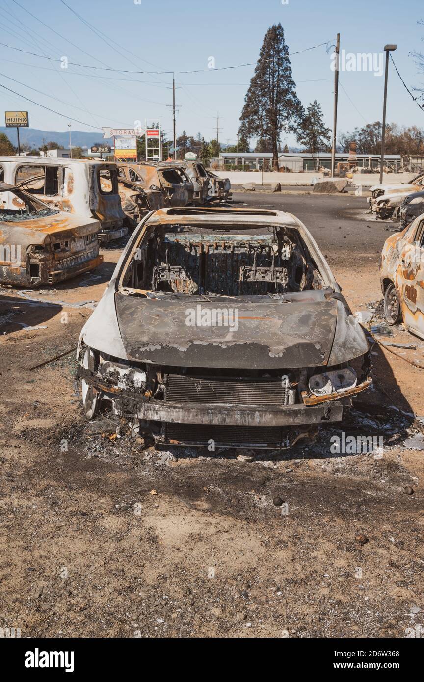 Burnt cars in Phoenix Oregon after the devastating Almeda fire Stock Photo