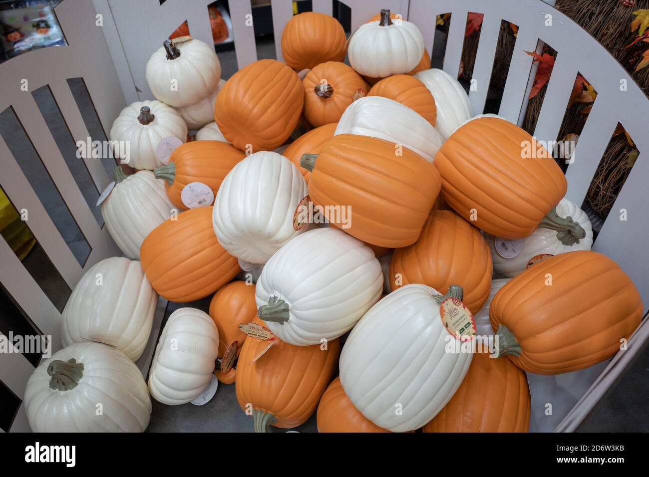 Retail display of plastic Halloween pumpkin decorations, Dublin, California, September 12, 2020. () Stock Photo