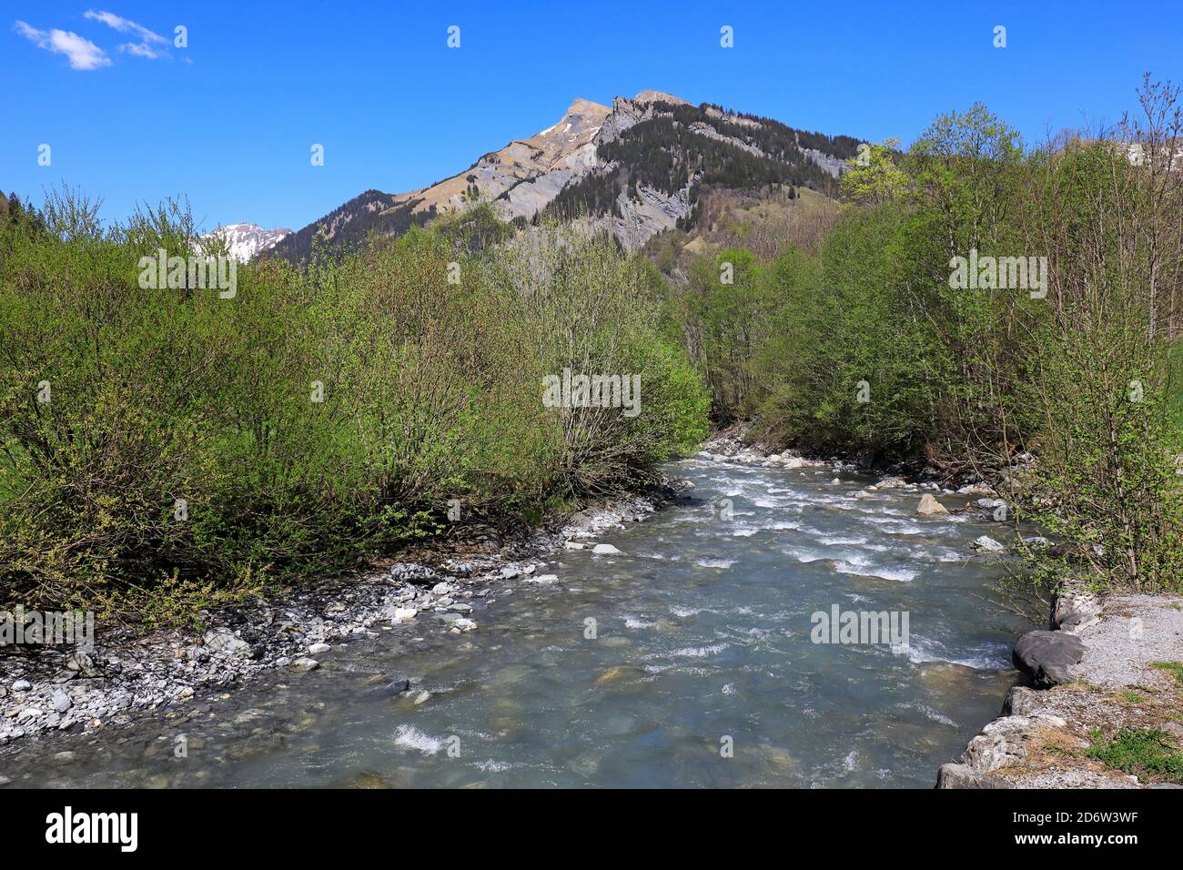 Sernf river with clear fresh water close to the village of Elm, Glarus, Switzerland Stock Photo